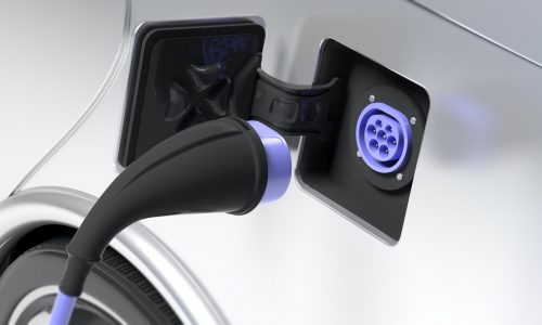 Electric car charger socket type 2 on white vehicle. 3d illustration