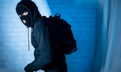Sneaky burglar ready to steal something at home Sneaky burglar ready to steal something at home